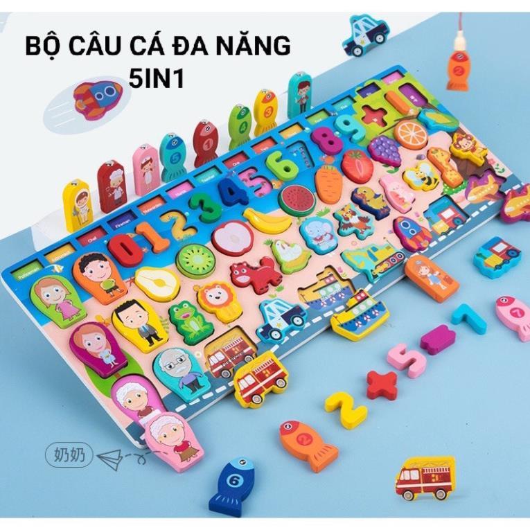 Bộ Bảng Gỗ Câu Cá Và Ghép Hình Học, Chữ Số, Chữ Cái, Phương Tiện cho bé