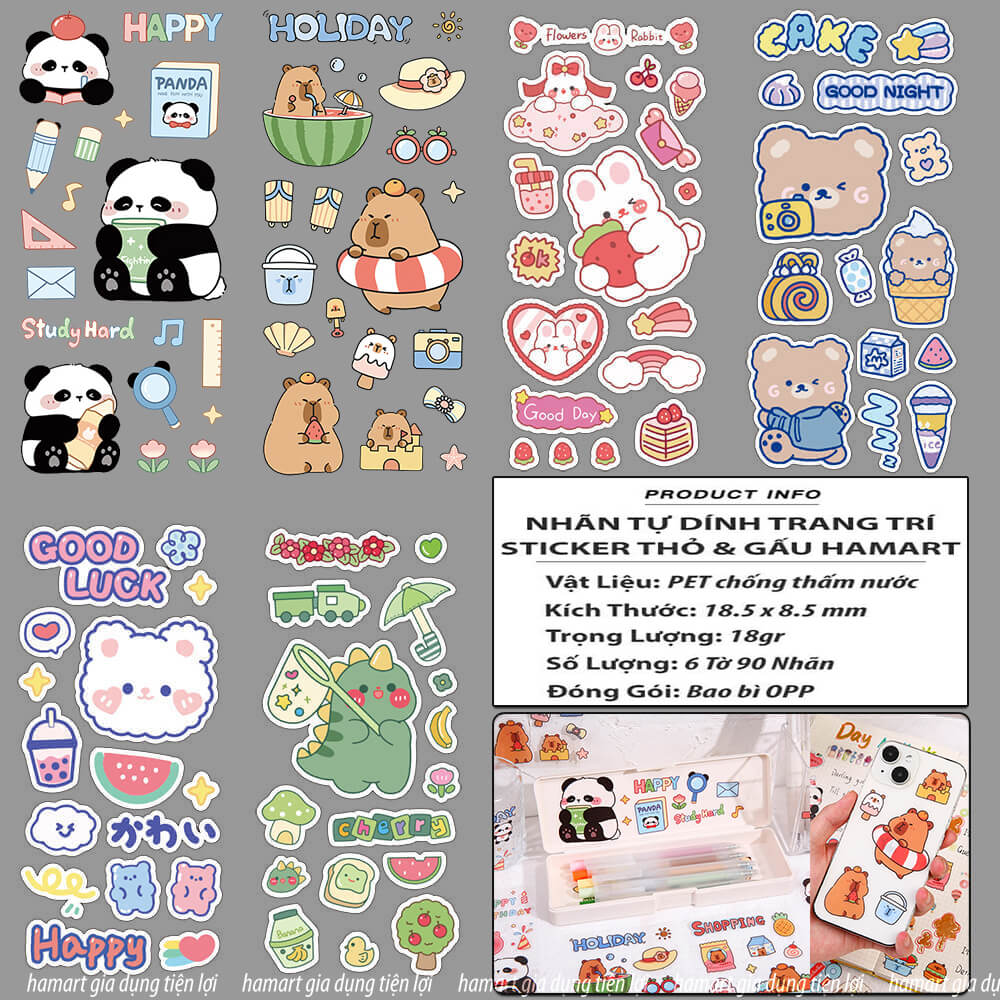 SET 6 Tờ 90 Nhãn Dán Sticker Thỏ Gấu Chuột PET Trong Suốt Cute Không Thấm Nước Trang Trí Dễ Thương - SET 6 Tờ Thỏ &amp; Gấu