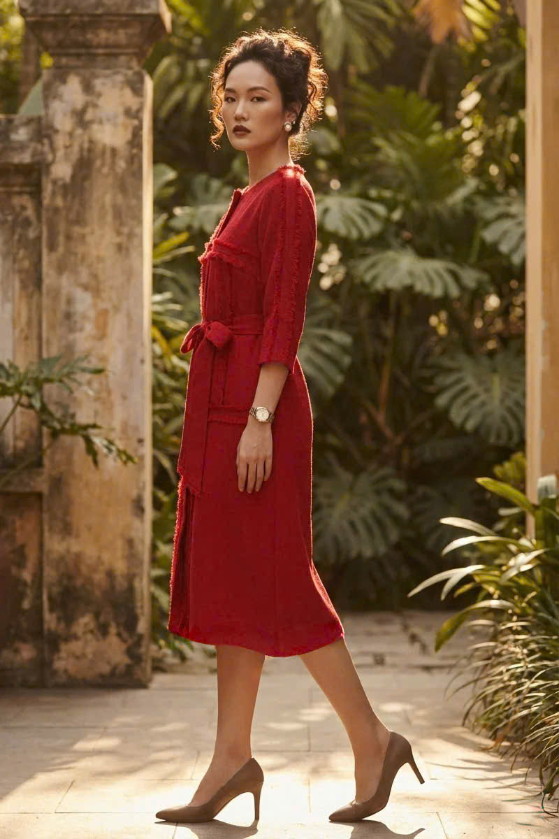 Đầm Suông Tua Rua Tweed Đỏ, Đầm Suông Thắt Eo Thanh Minh thời trang thiết kế Hity Dre201