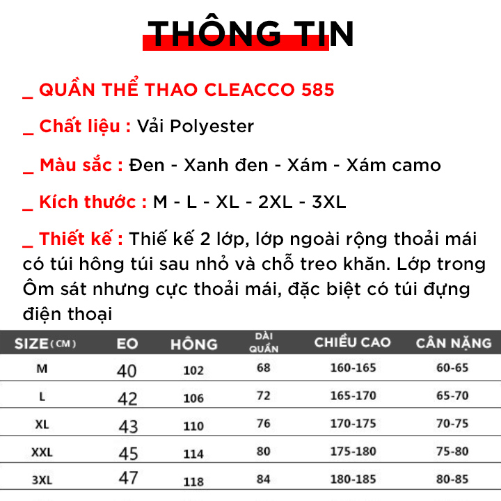 Quần tập gym đùi short thể thao đa năng , có lớp lót thấm mồ hôi , chống lộ ,túi trong để điện thoại Cleacco 585 - Boro Sport