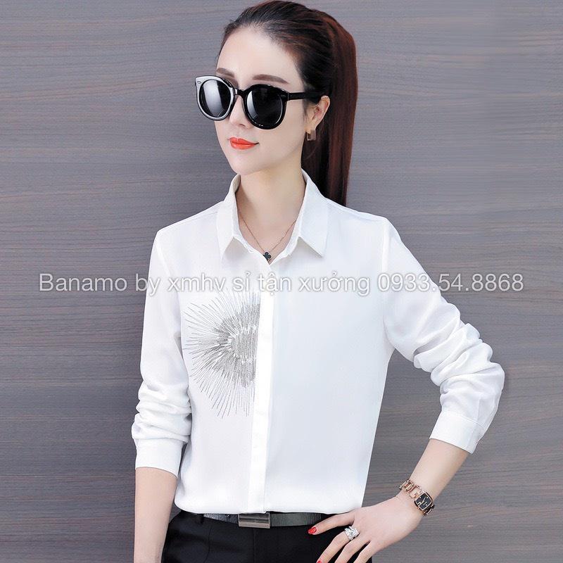 Áo sơ mi lụa nữ dài tay họa tiết sành điệu cá tính trẻ trung phong cách hàn quốc thời trang Banamo Fashion 375