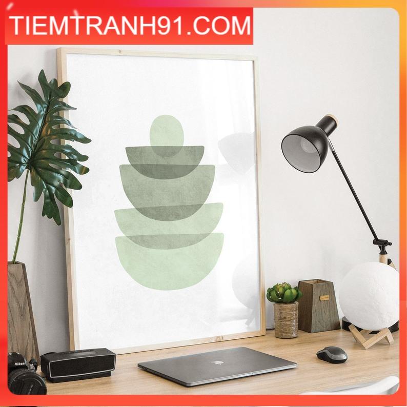 Tranh treo tường | Tranh trừu tượng - Abstract green geometric shapes, mint green bowls