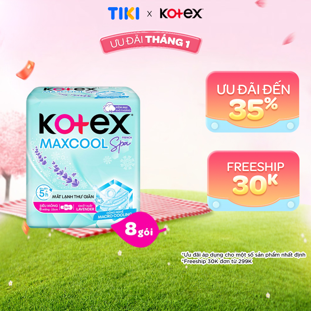 Combo 8 gói băng vệ sinh Kotex Maxcool French Spa siêu mỏng cánh 23cm