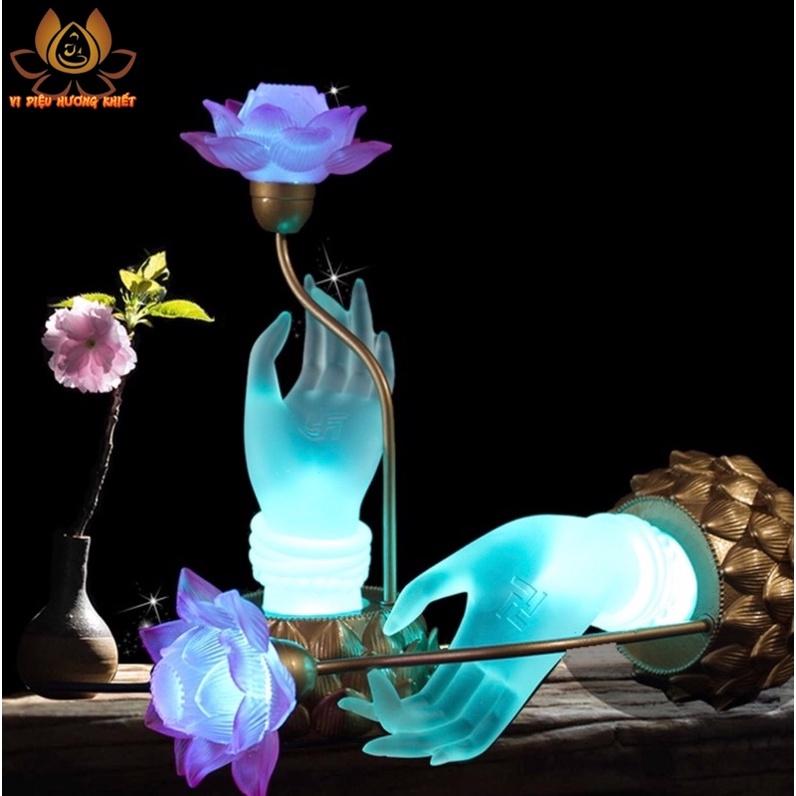 CẶP 2 CÂY ĐÈN LED TAY PHẬT CẦM HOA SEN LƯU LY PHA LÊ THỜ CÚNG TRANG TRÍ