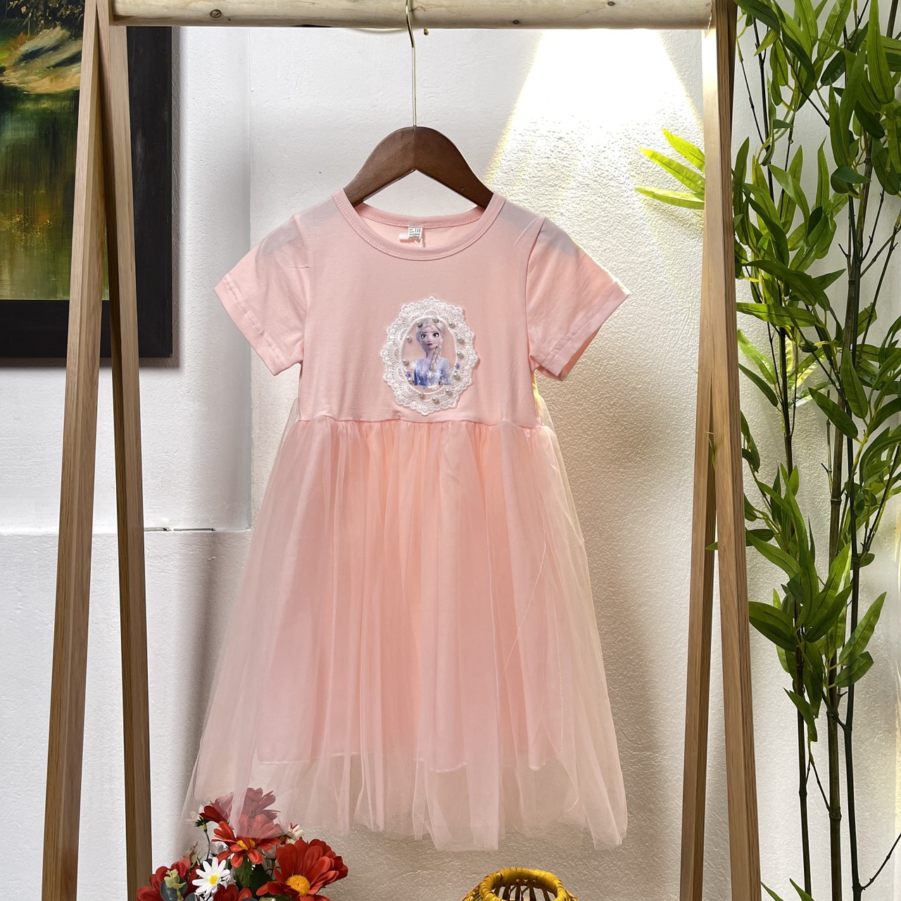 Váy công chúa bé gái cộc tay, Đầm dự tiệc cho bé 3-8 tuổi Elsa đính ngọc vải ren cao cấp điệu đà đáng yêu