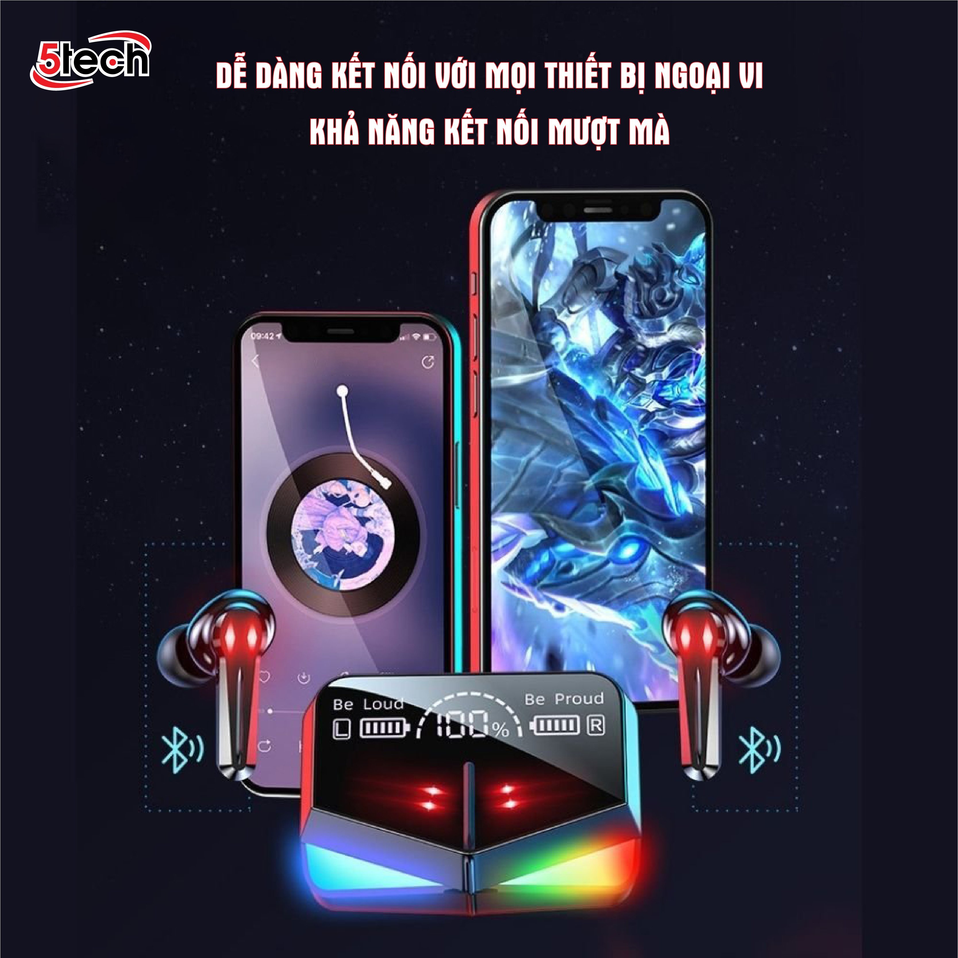 Tai nghe bluetooth 5TECH gaming monster hàng chính hãng, tai phone không dây pin trâu với màn hình LED tráng gương nghe nhạc cực hay