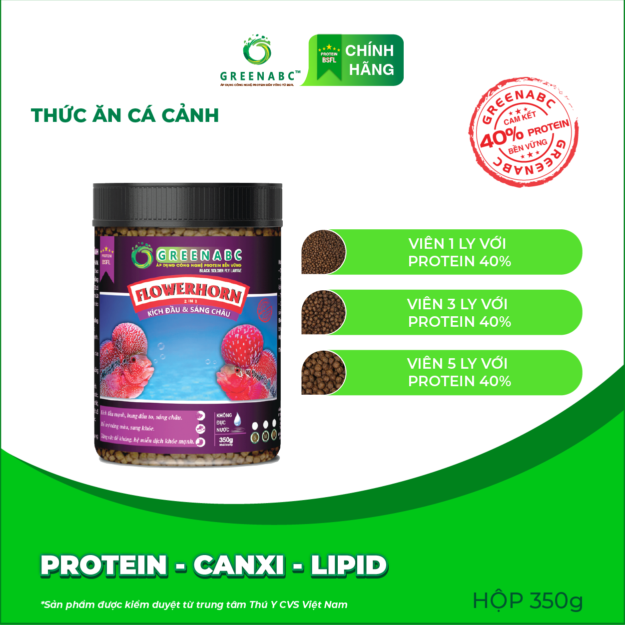 Thức ăn Cá La Hán GREENABC - Flowerhorn Fish – Hàm lượng protein 40% giúp kích bung đầu to, châu sáng, vảy rực rỡ, tăng trưởng nhanh - Hộp 350g