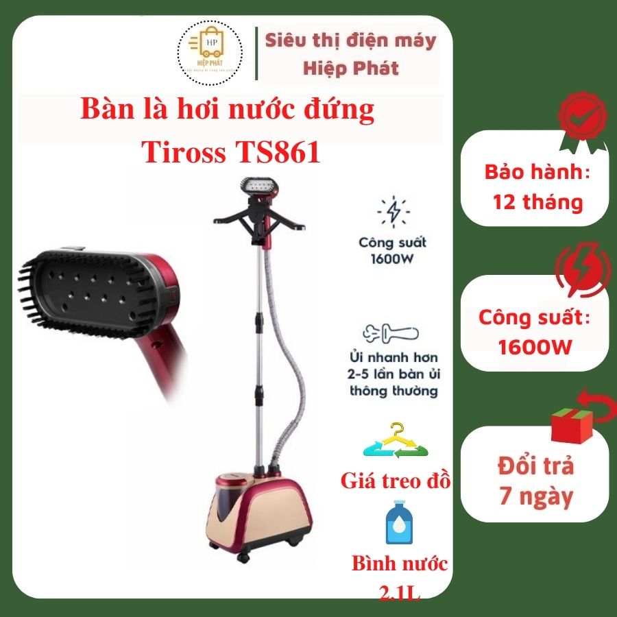 Bàn Ủi Hơi Nước Cầm Tay Đứng Tiross TS862, Có Móc Treo Đồ, Bánh Xe Dễ Dàng Di Chuyển - Hàng chính hãng