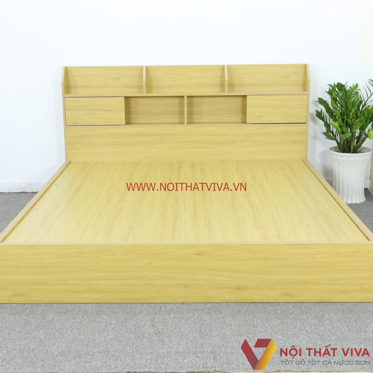 Giường Ngủ Gỗ MDF Màu Vàng Có Hộc Kéo + Kệ Trang Trí Đẹp Hiện Đại