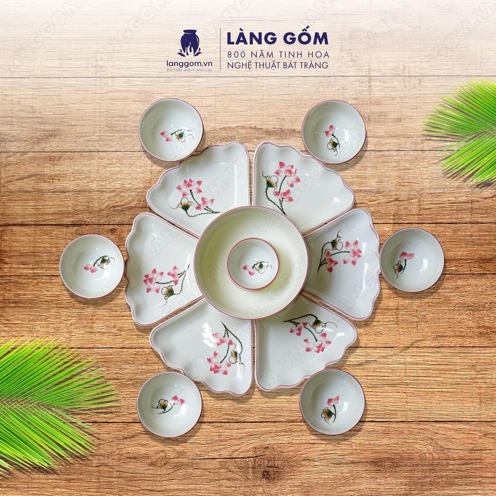 Bộ bàn ăn mặt trời Men trắng vẽ hoa sen hồng - Size: 45 cm - Gốm sứ Bát Tràng - langgom.vn