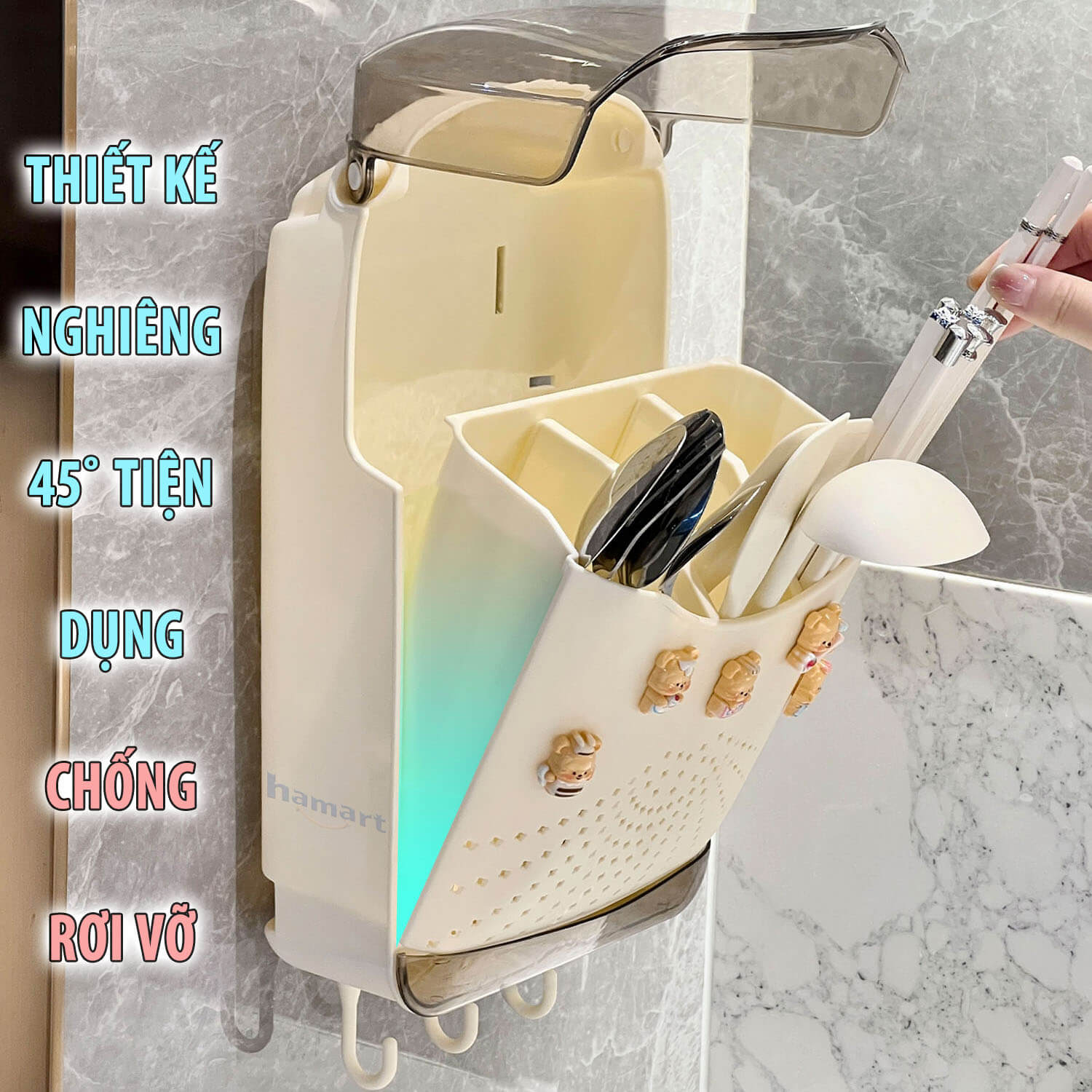 Hộp Đựng Đũa Thìa Treo Tường Có Nắp Đậy Khay Thoát Nước 3 Móc Nhựa Treo Đồ Kèm Miếng Dán Siêu Dính