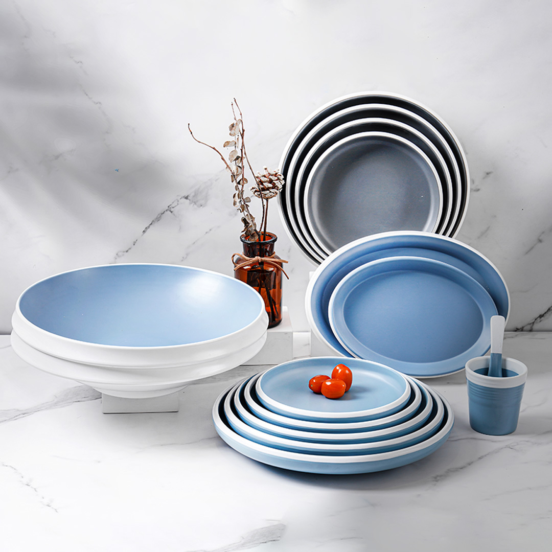 Dĩa tròn màu xanh vân trắng bằng melamine cao cấp - có 2 size