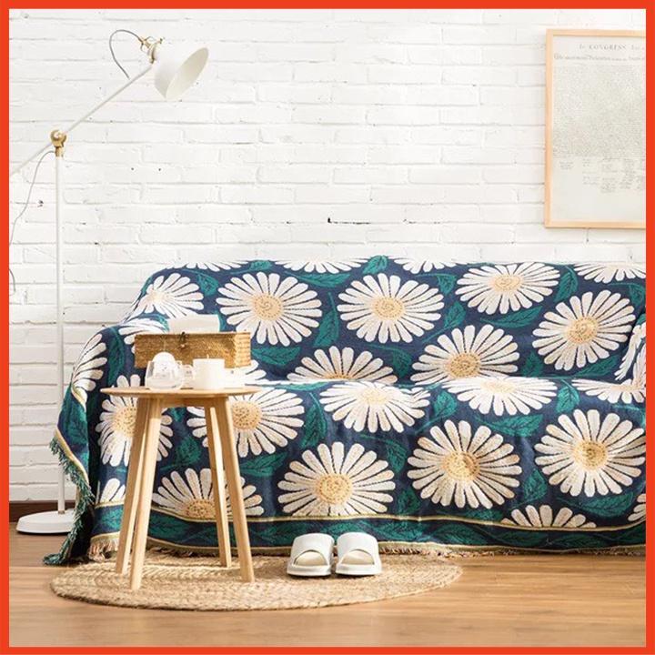 Khăn Phủ Sofa màu xanh hoa cúc trang trí nhà cửa 130x180cm