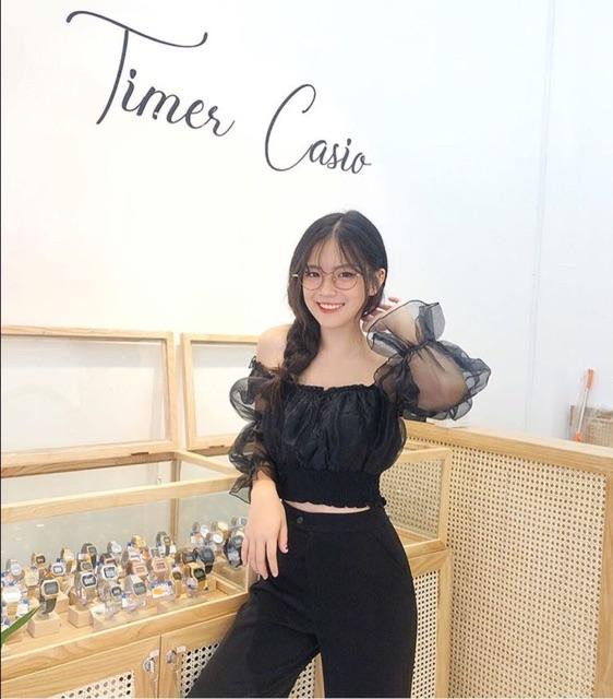 Áo voan trễ vai tay lưới croptop, áo tay lưới trễ vai