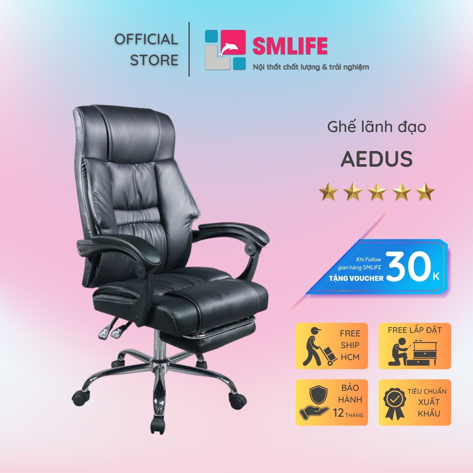 Ghế lãnh đạo lưng cao bọc PU có gác chân SMLIFE Aedus