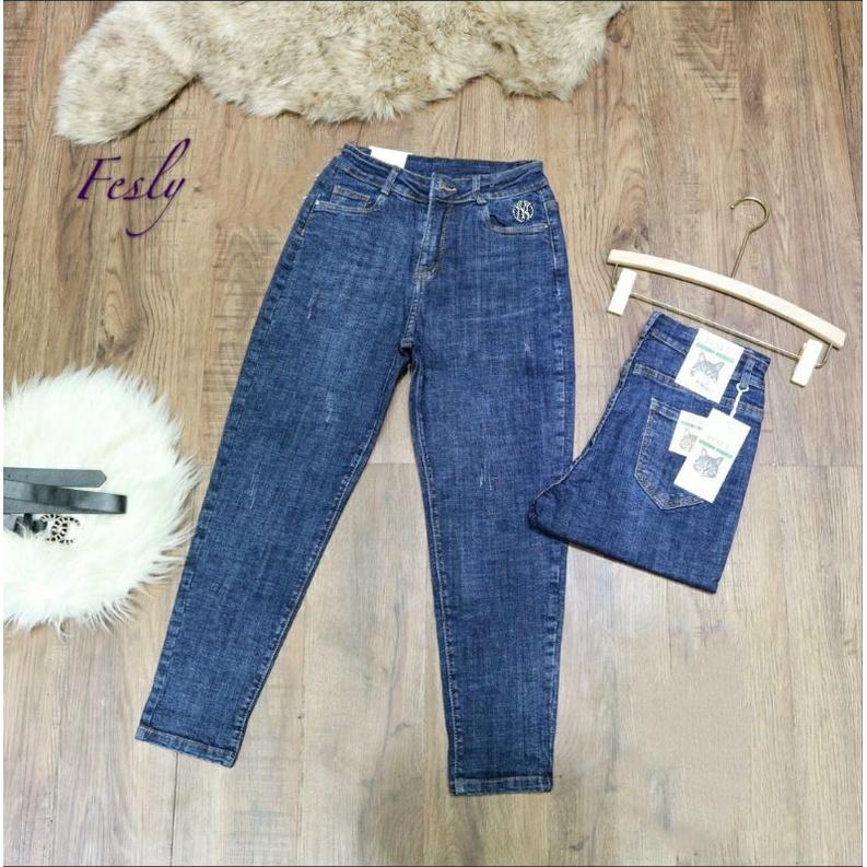 Quần Jeans Nữ Baggy Thêu Túi Cạp Cao