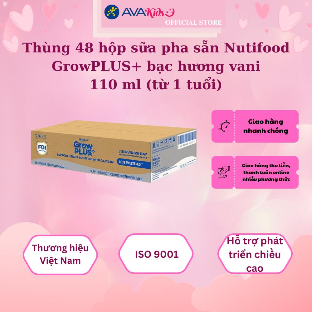 Thùng 48 hộp sữa pha sẵn Nutifood GrowPLUS+ bạc hương vani 110 ml (từ 1 tuổi)