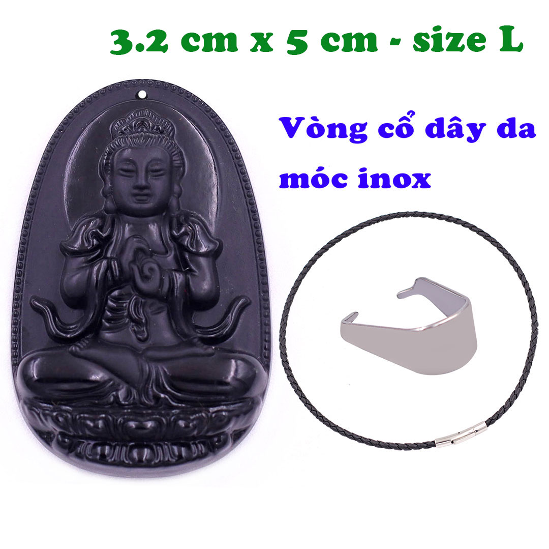 Mặt Phật Đại nhật như lai đá thạch anh đen 5 cm kèm vòng cổ dây da đen - mặt dây chuyền size lớn - size L, Mặt Phật bản mệnh