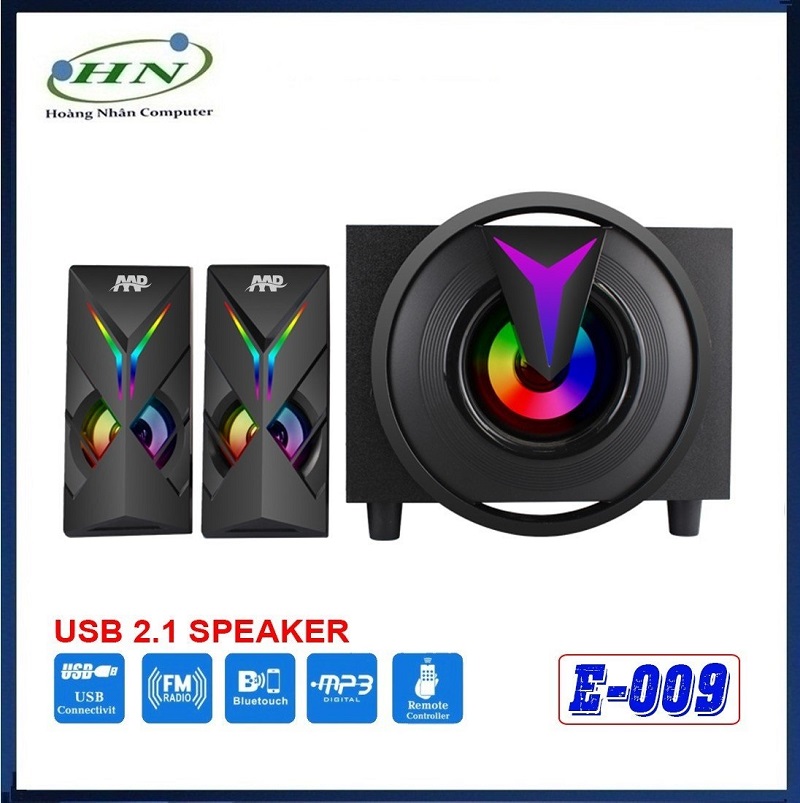 Loa Vi Tính 2.1 AAP E009 LED  (AUX, Bluetooth, USB, Thẻ nhớ, FM, Remote tặng kèm pin cmos) - HN