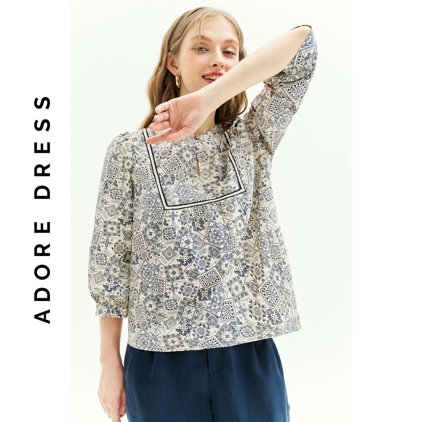 Áo sơ mi top tunic style thô lụa hoạ tiết tunic 313TO1028 ADORE DRESS