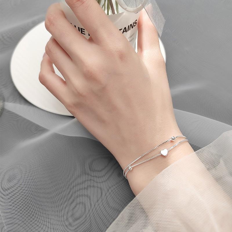 Lắc Tay Bạc Italy Dáng Kép Đính Tim Xinh Xắn L2614 - Bảo Ngọc Jewelry
