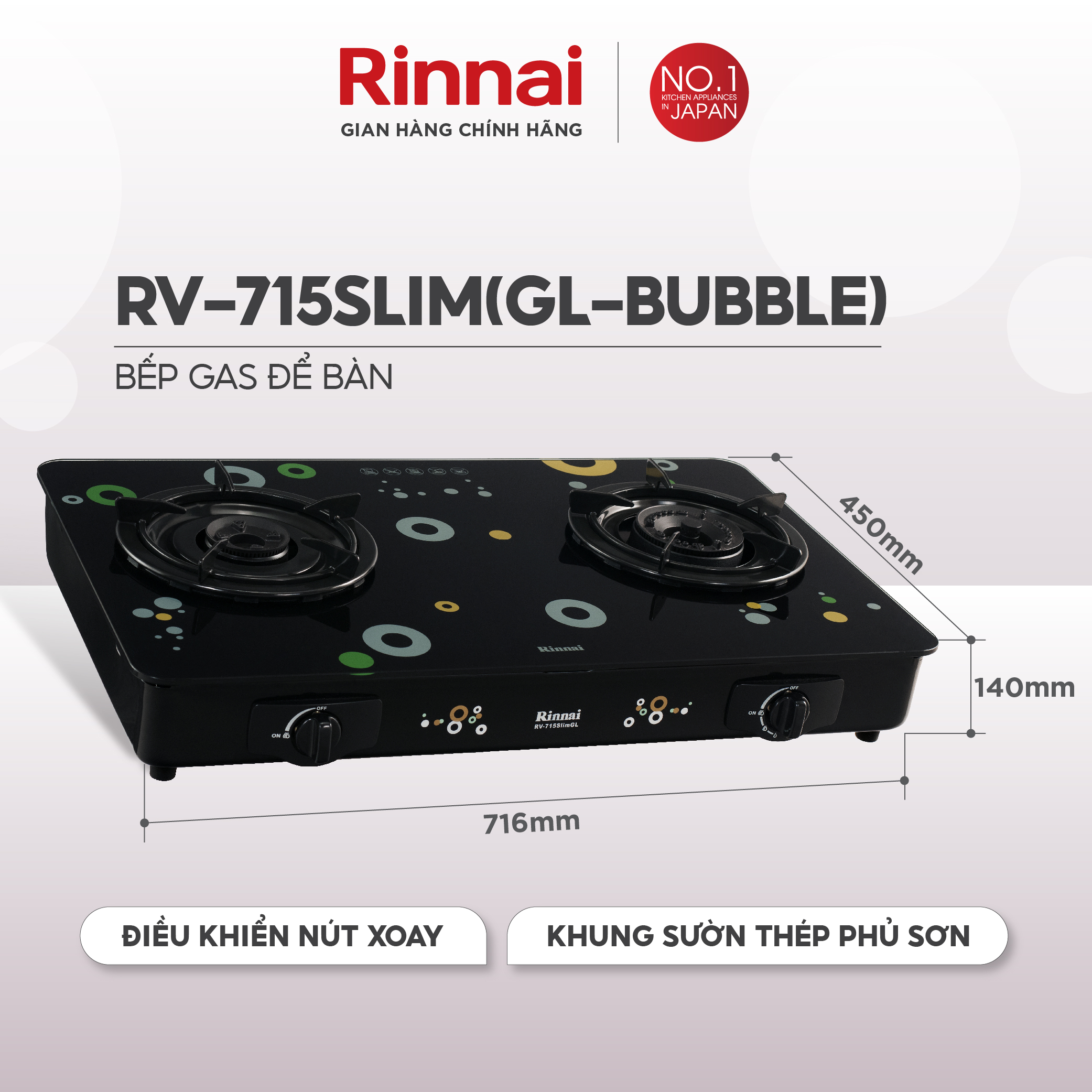 Bếp gas dương Rinnai RV-715Slim(GL-Bubble) mặt bếp kính và kiềng bếp men - Hàng chính hãng.