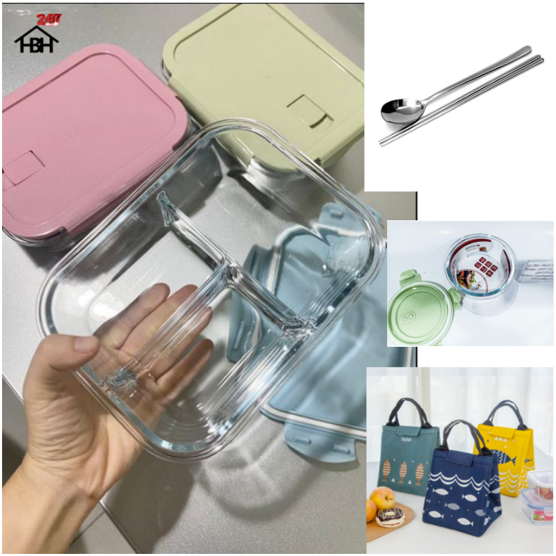 Bộ Hộp Cơm Thủy Tinh 3 Ngăn Cao Cấp - Kèm Túi Xách , Bát Tròn đựng canh và Đũa Thìa inox