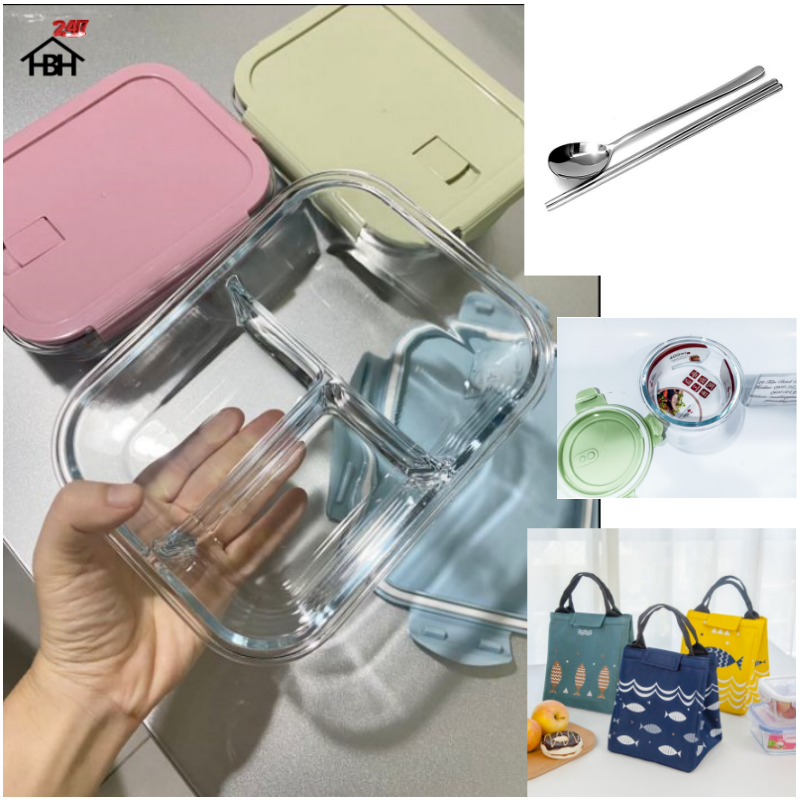 Bộ Hộp Cơm Thủy Tinh 3 Ngăn Cao Cấp - Kèm Túi Xách , Bát Tròn đựng canh và Đũa Thìa inox ( Giao Mầu Ngẫu Nhiên)