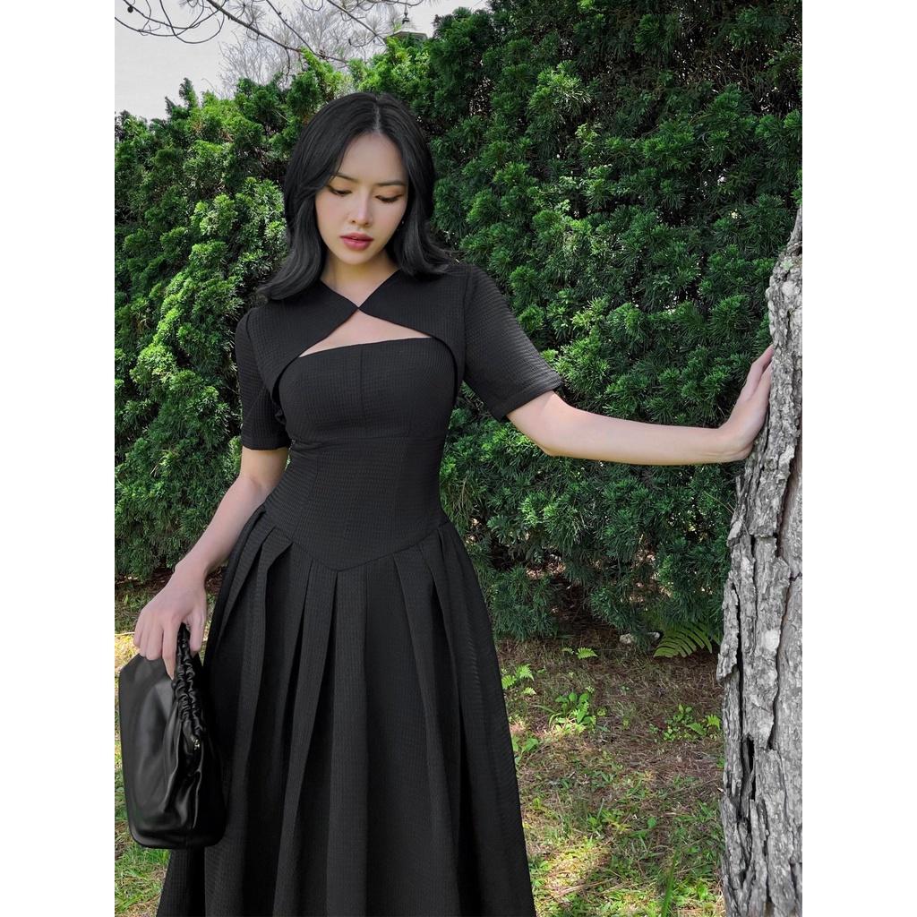 RECHIC Đầm dài Maline kiểu tay ngắn cổ cách điệu dáng váy xoè xếp ly sang trọng thanh lịch phù hợp đi tiệc dạo phố