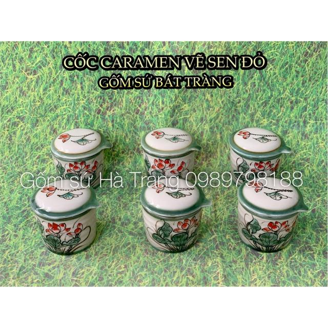 Set cốc caramen gốm sứ Bát Tràng cao cấp vẽ hoạ tiết sen đỏ