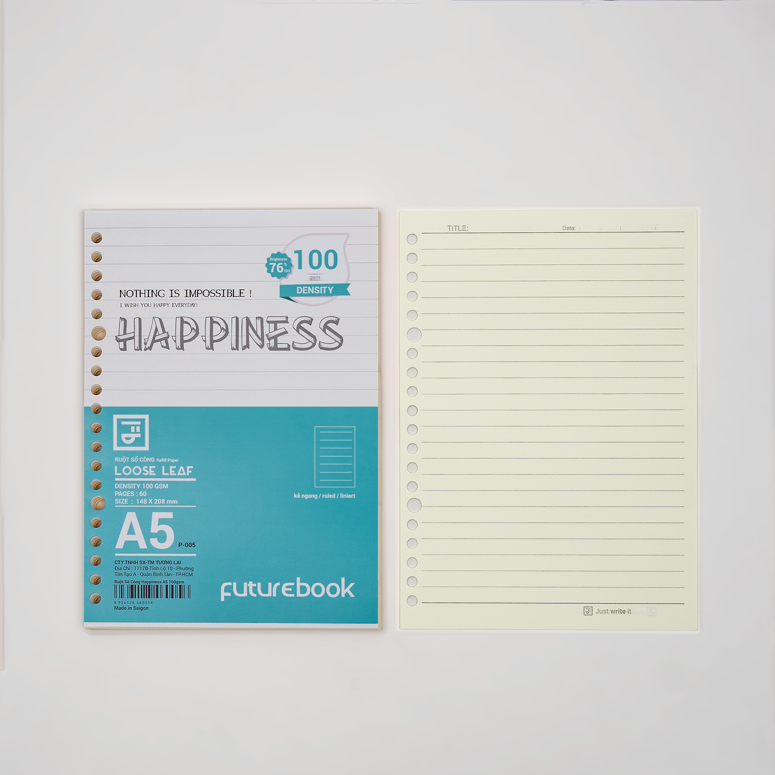 Giấy refill ruột sổ còng Binder Happiness A5 20 lỗ caro chấm dot kẻ ngang làm sổ tay planner FUTUREBOOK Mã P005