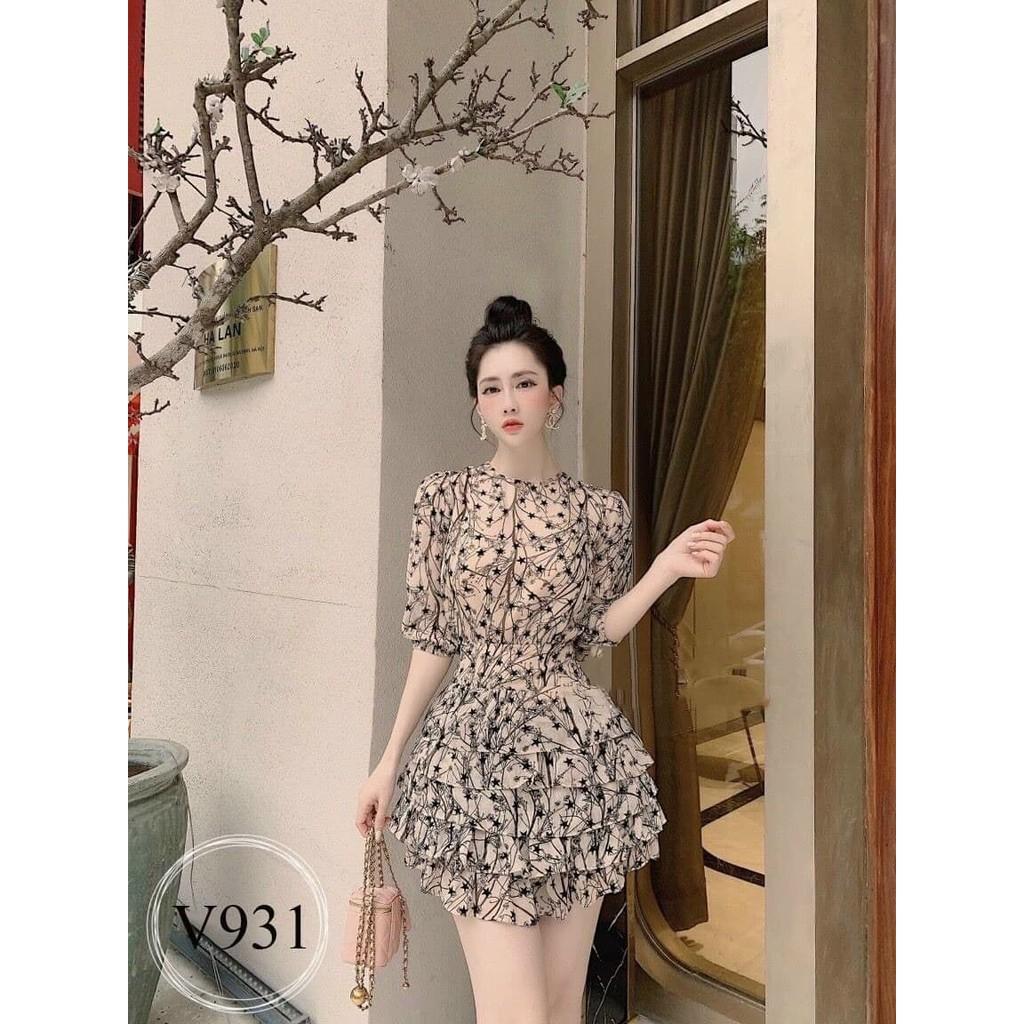 Đầm xòe 4 tầng màu nude phối họa tiết trẻ trung, ĐẦM SAO TẦNG