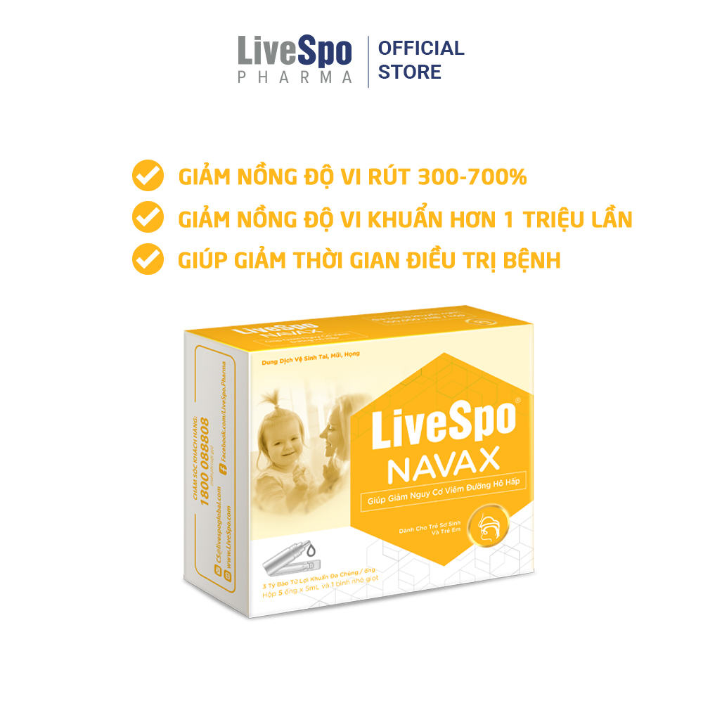 Nước muối sinh lý chứa bào tử lợi khuẩn LiveSpo Navax Kids - Dành cho trẻ sơ sinh và trẻ em 5 ống x 5ml