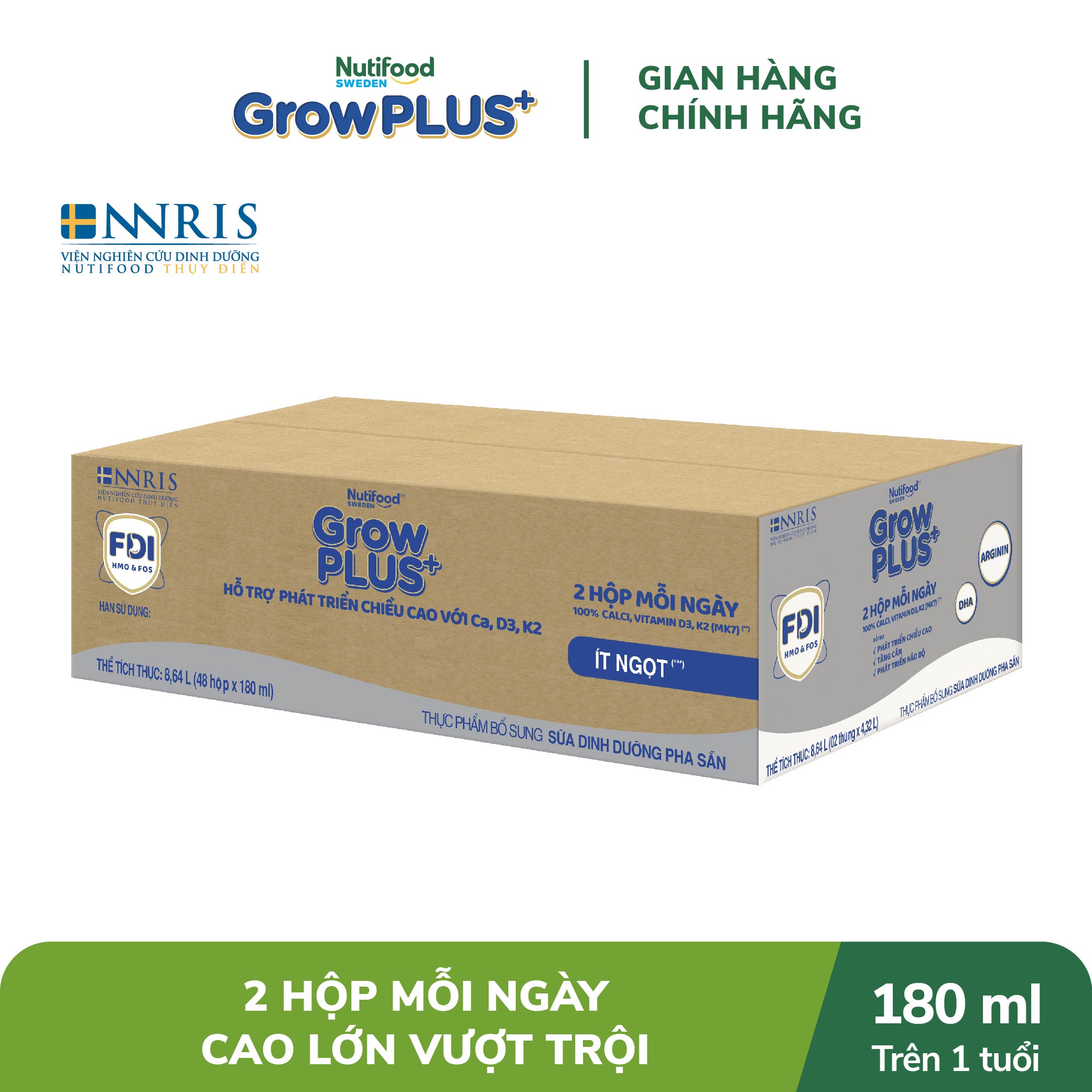 Thùng Sữa Bột Pha sẵn Nutifood GrowPLUS+ Cao Lớn Vượt Trội trên 1 tuổi (24 hộp x 180ml)