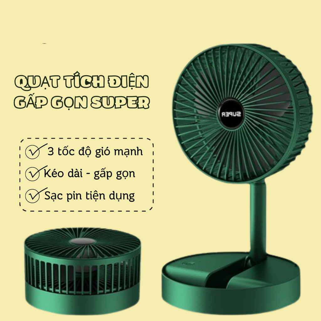 Quạt tích điện để bàn mini Super gấp gọn 3 cấp độ gió siêu bền, cáp sạc USB tiện lợi