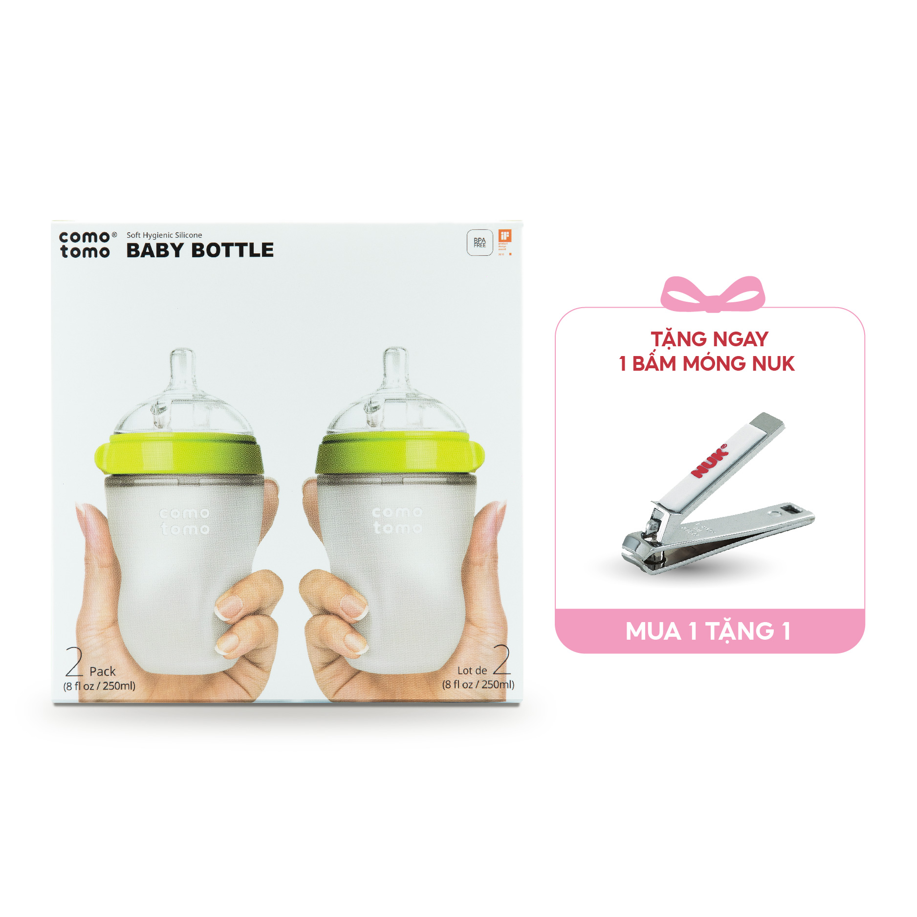 Bộ hai bình sữa silicone Comotomo 250ml - Xanh Tặng Bấm móng sơ sinh NUK