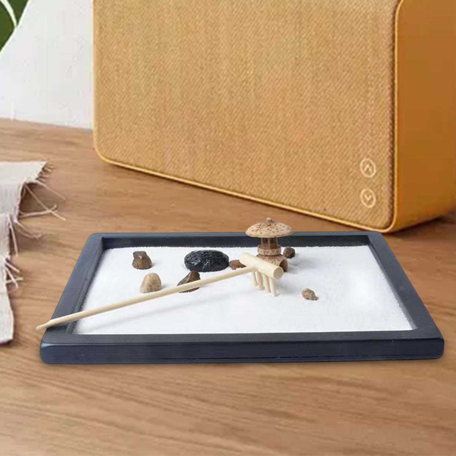 Mini Desk Decoration Gifts Meditation Relaxation Yoga Miniatures Wooden Tray Rake Ornaments Desktop Sandbox Rocks for Living Room Office