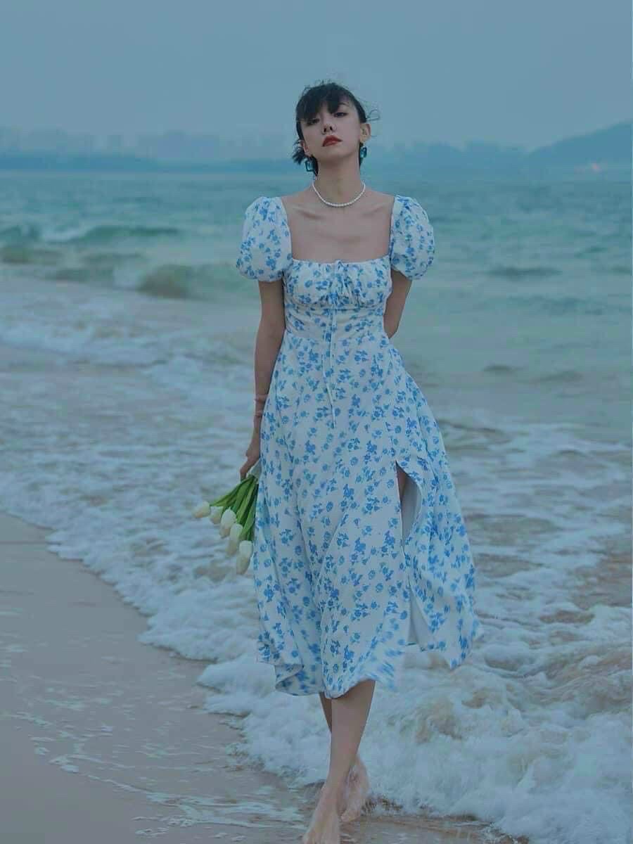 Đầm maxi hoa nhí xẻ đùi - đầm trễ vai maxi mang được 2 kiểu