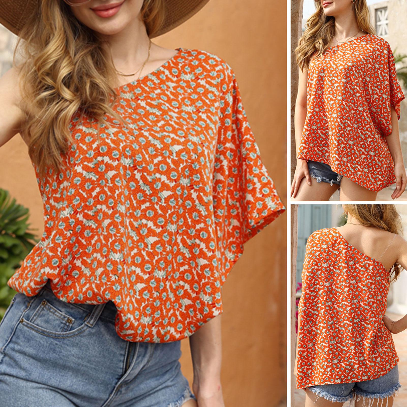 Vintage Women One-Shoulder Floral Shirt Batwing Short Sleeve Pullover Loose Casual Summer Tops