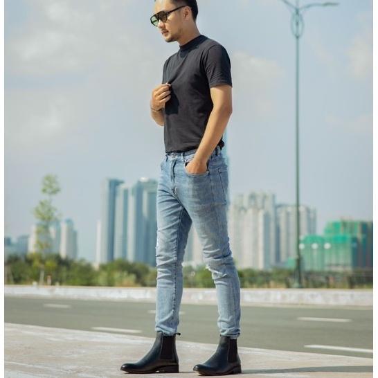 Giày nam cao cổ màu đen Chelsea boots da nguyên tấm đế tăng chiều cao DECI Bốt xít