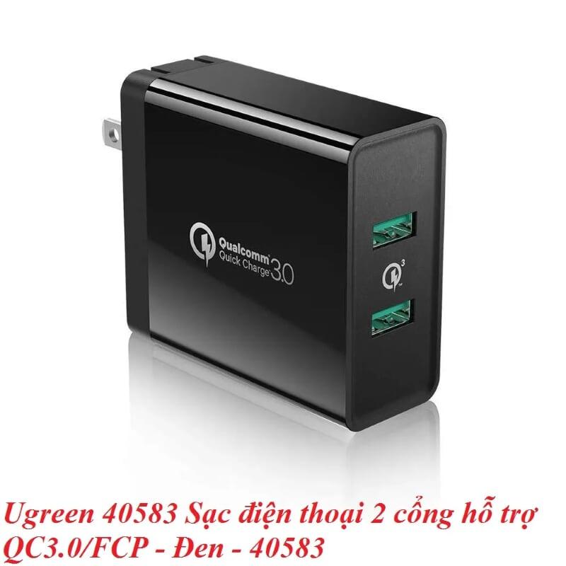 Ugreen UG40583CD161TK Màu Đen Củ Sạc điện thoại 2 cổng hỗ trợ QC3.0/FCP - HÀNG CHÍNH HÃNG