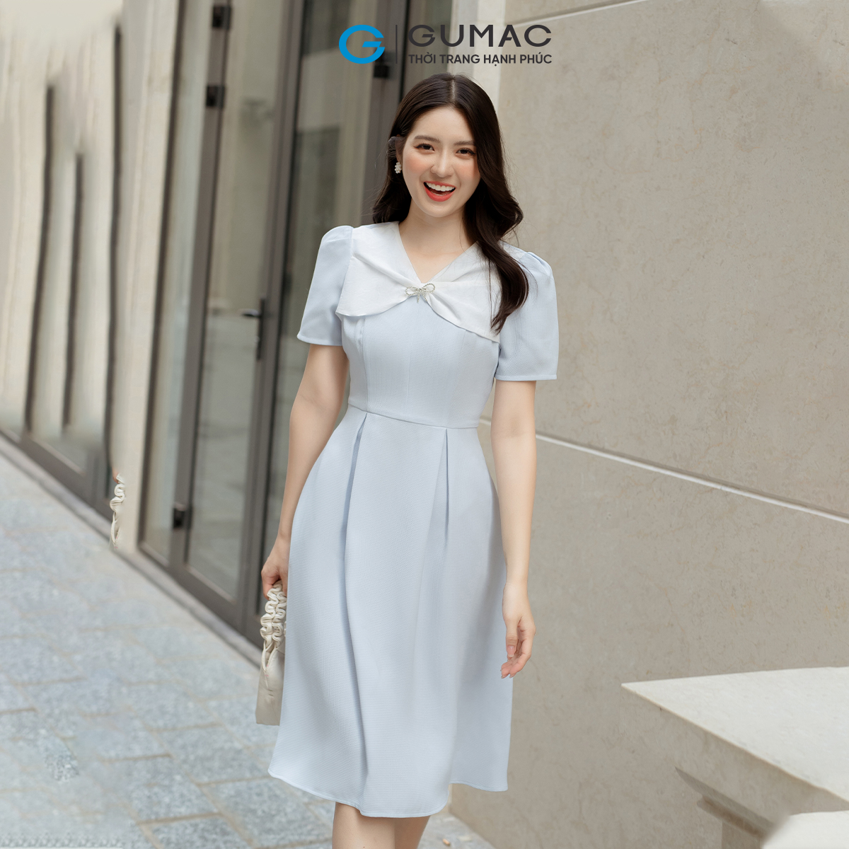 Đầm A cổ phối nơ GUMAC DD05043