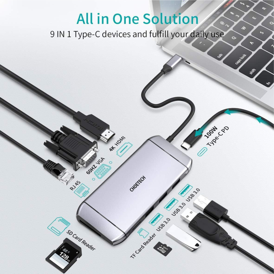 HUB Chuyển Đổi 9 in 1 Type C To HDMI 4K/ PD 100W/ USB 3.0/ Rj45 Ethernet/ VGA/ TF/ SD CHOETECH HUB-M15 - Hàng Chính Hãng