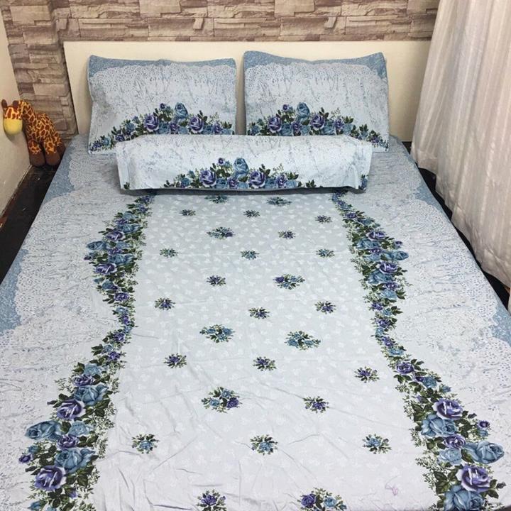 Bộ chăn drap coton TL 100% hoa dây xanh dương