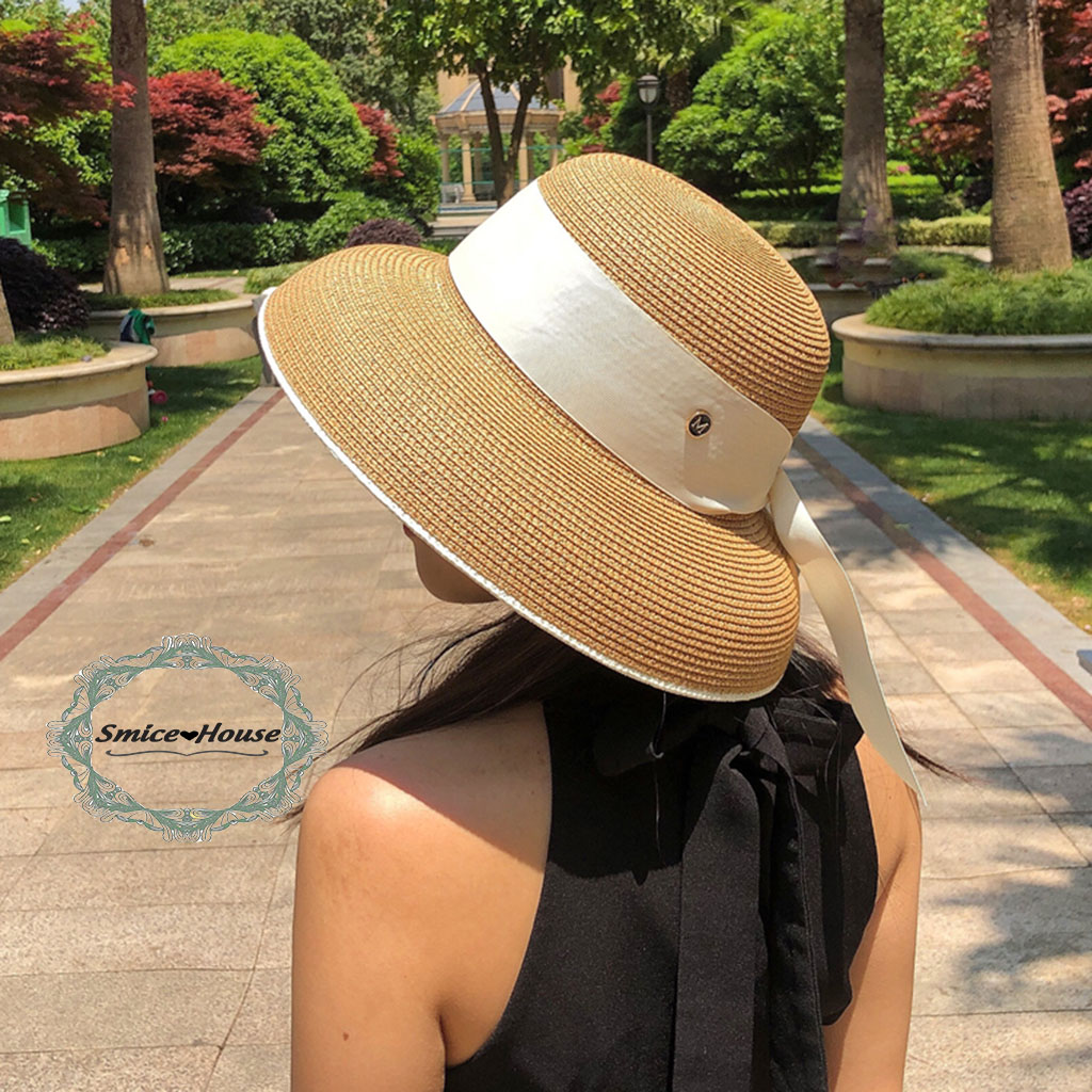 Mũ chụp đèn Hepburn retro phong cách Pháp/ nón cói chuông rộng vành chống nắng đi biển du lịch mùa hè thắt nơ bản to sang chảnh nhiều màu - Smice House