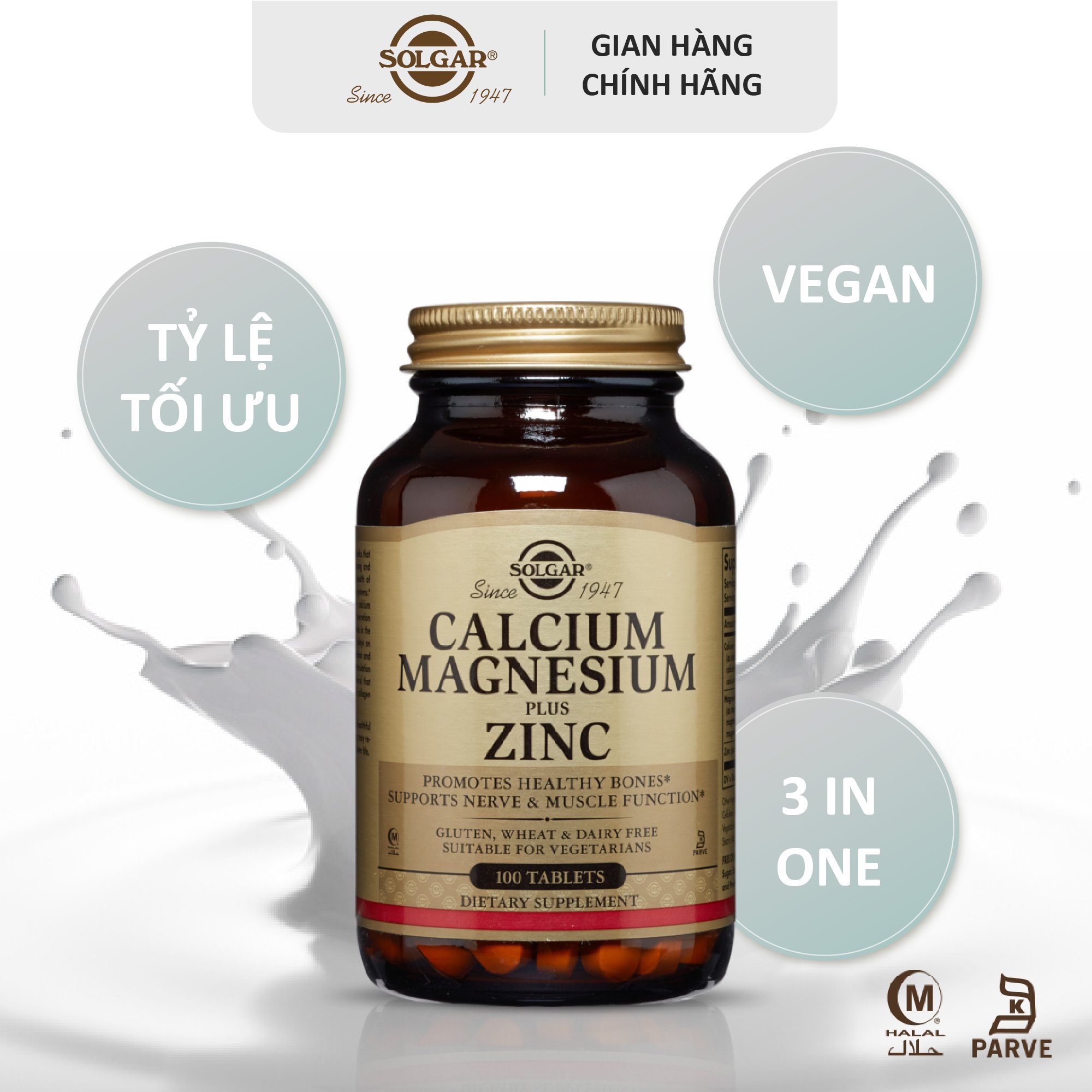 Viên Uống Solgar Calcium Magnesium Plus Zinc Hỗ Trợ Phát Triển Xương,Hoạt Động Cơ Bắp,Hỗ Trợ Tế Bào Thần Kinh