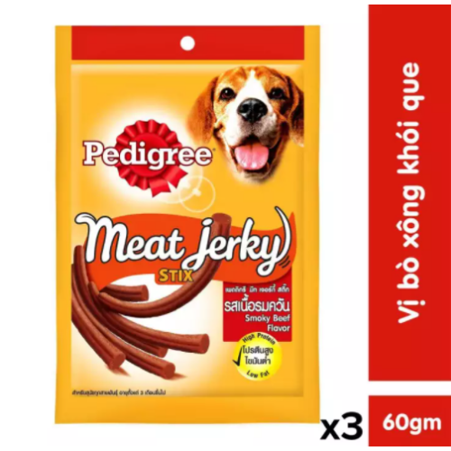 Bộ 3 thức ăn vặt cho chó Pedigree Meat Jerky vị bò xông khói dạng que 60g