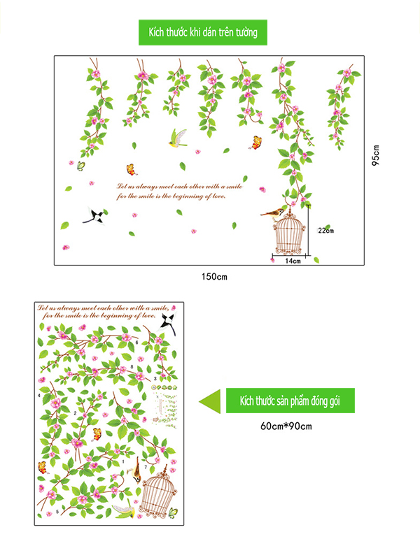 Decal dán tường Dây leo hoa tầm xuân và Hướng dương vàng - HP502