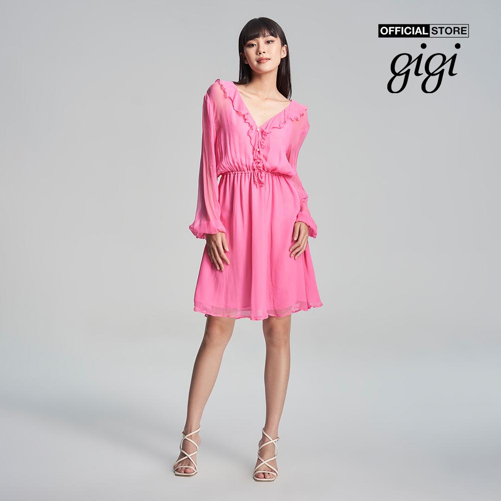 GIGI - Đầm mini tay dài cổ V nhún bèo nữ tính G2101D231132