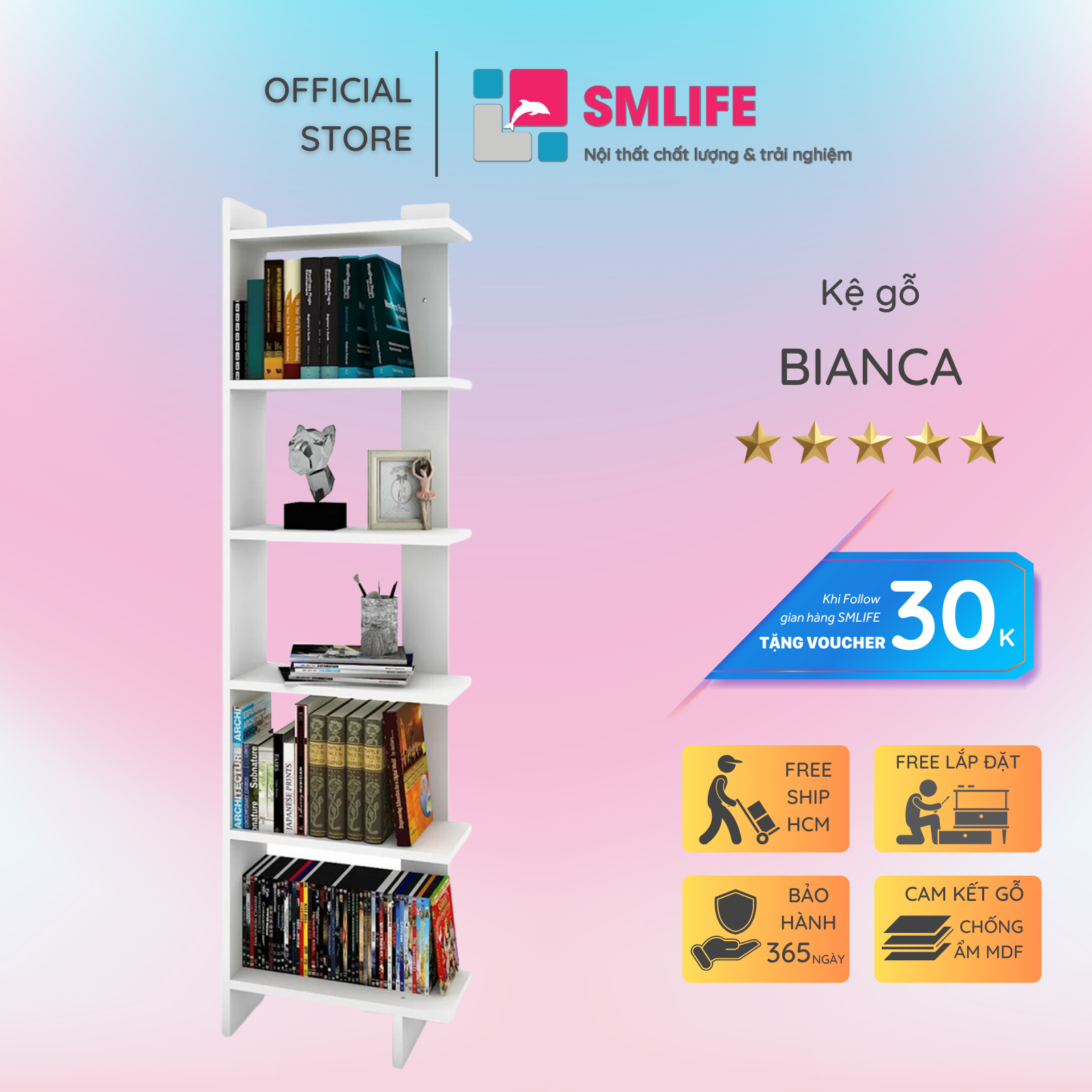 Kệ sách gỗ hiện đại SMLIFE Bianca  | Gỗ MDF dày 17mm chống ẩm | D50xR23xC180cm - Màu